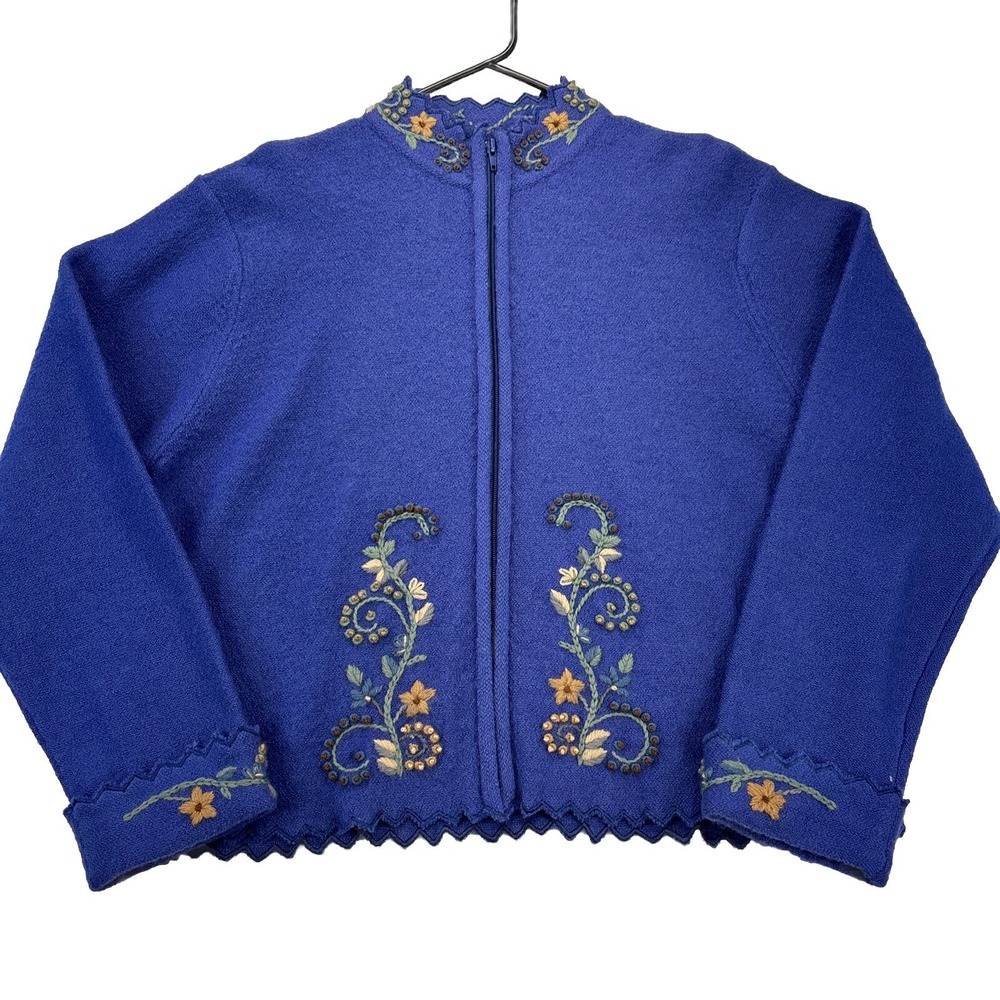 TALLY HO Womens L Cardigan Jacket Embroidered‎ Full Zip Purple Floral Grannycore